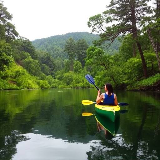 A couple kayaking in the calm waters of the Garden Route, surrounded by lush forest