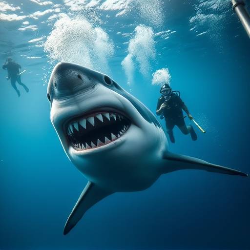 A great white shark approaching a shark cage with divers inside