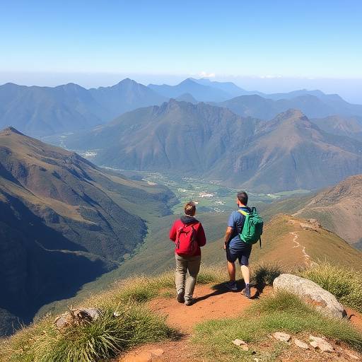 A group of hikers on the Drakensberg Mountains trail, enjoying the scenic view
