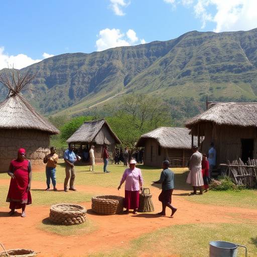 A group of tourists visiting a traditional Zulu village and learning about their culture.