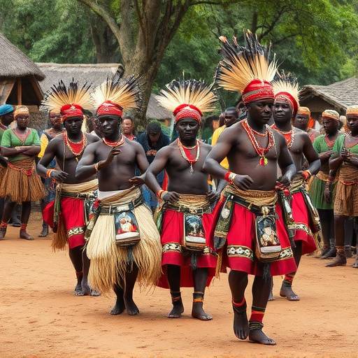 A group of Zulu dancers performing a traditional dance in a cultural village