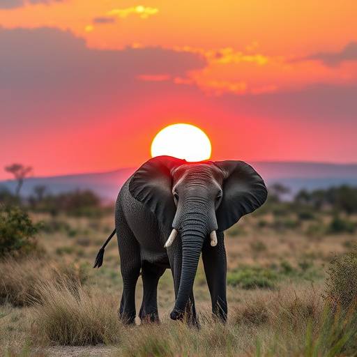 A majestic African elephant grazing in the Kruger National Park at sunset