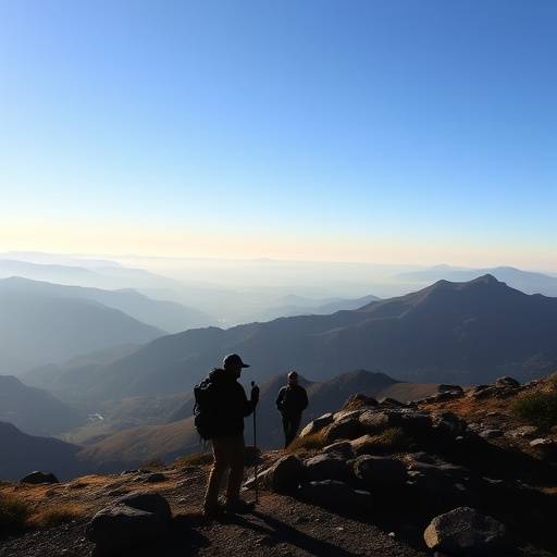 A panoramic view of the Drakensberg Mountains with hikers silhouetted against the sky