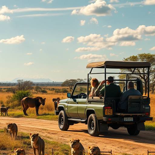 A safari jeep observing a lion family in Kruger National Park