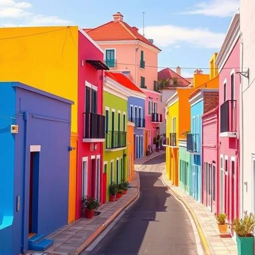 A vibrant street scene in Bo-Kaap, Cape Town, with colorful houses