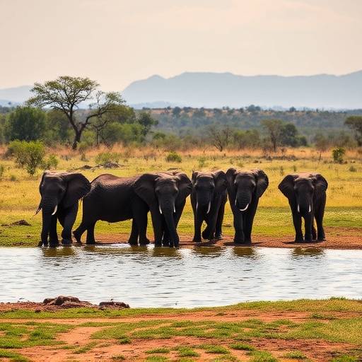 An elephant herd gathering at a waterhole during a morning safari in Addo Elephant National Park.