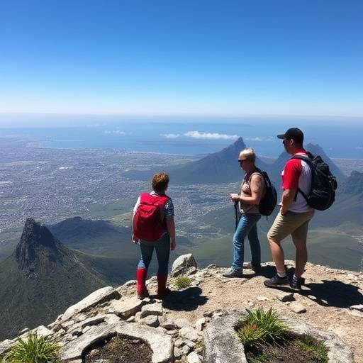 Hikers ascending Table Mountain with a panoramic view of Cape Town in the background.