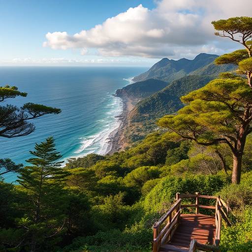 Scenic view of the Garden Route with lush forests and the ocean in the background